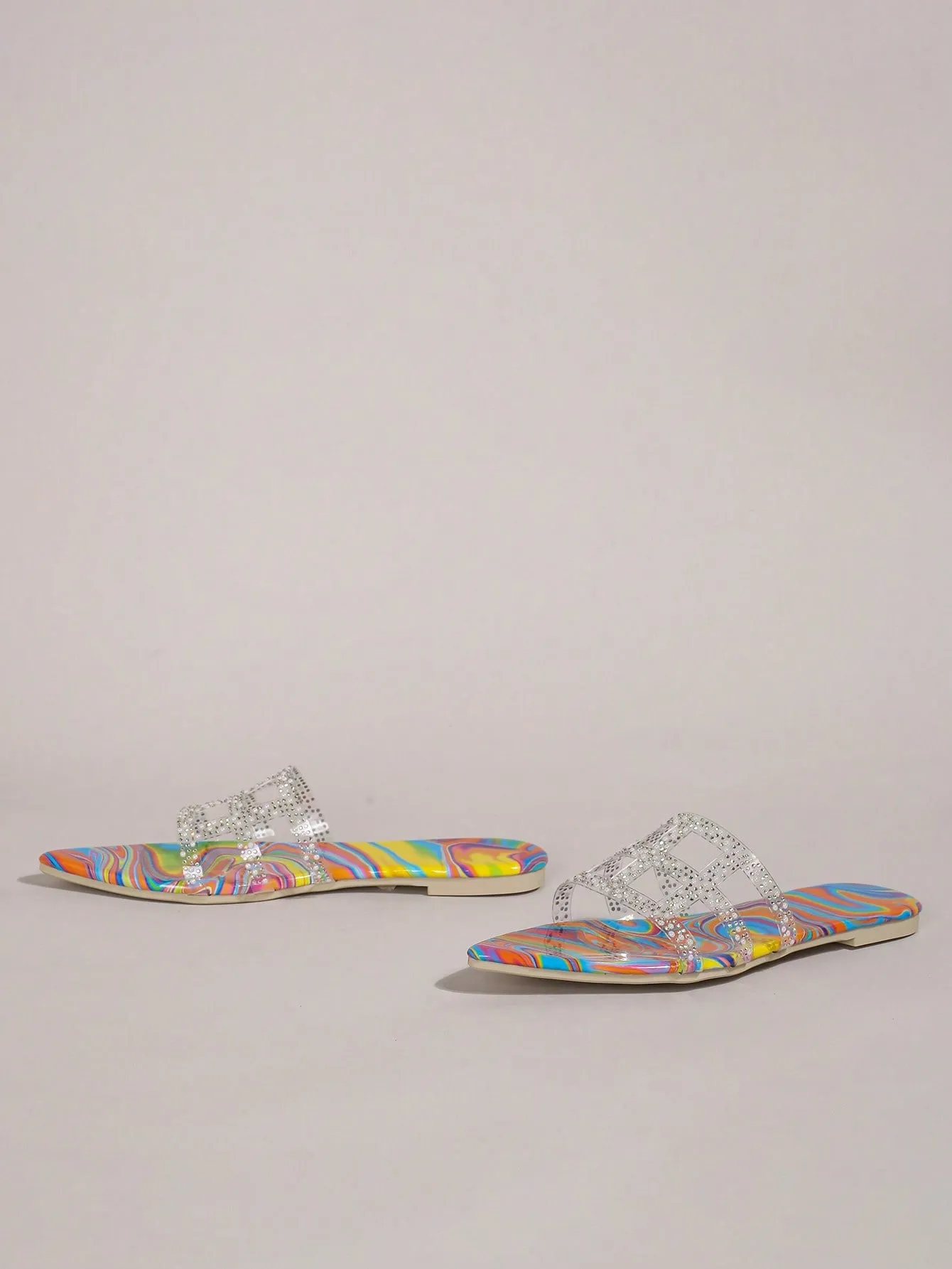 2024 Summer Chic: Colorful Transparent Flat Sandals with Rhinestone Embellishments