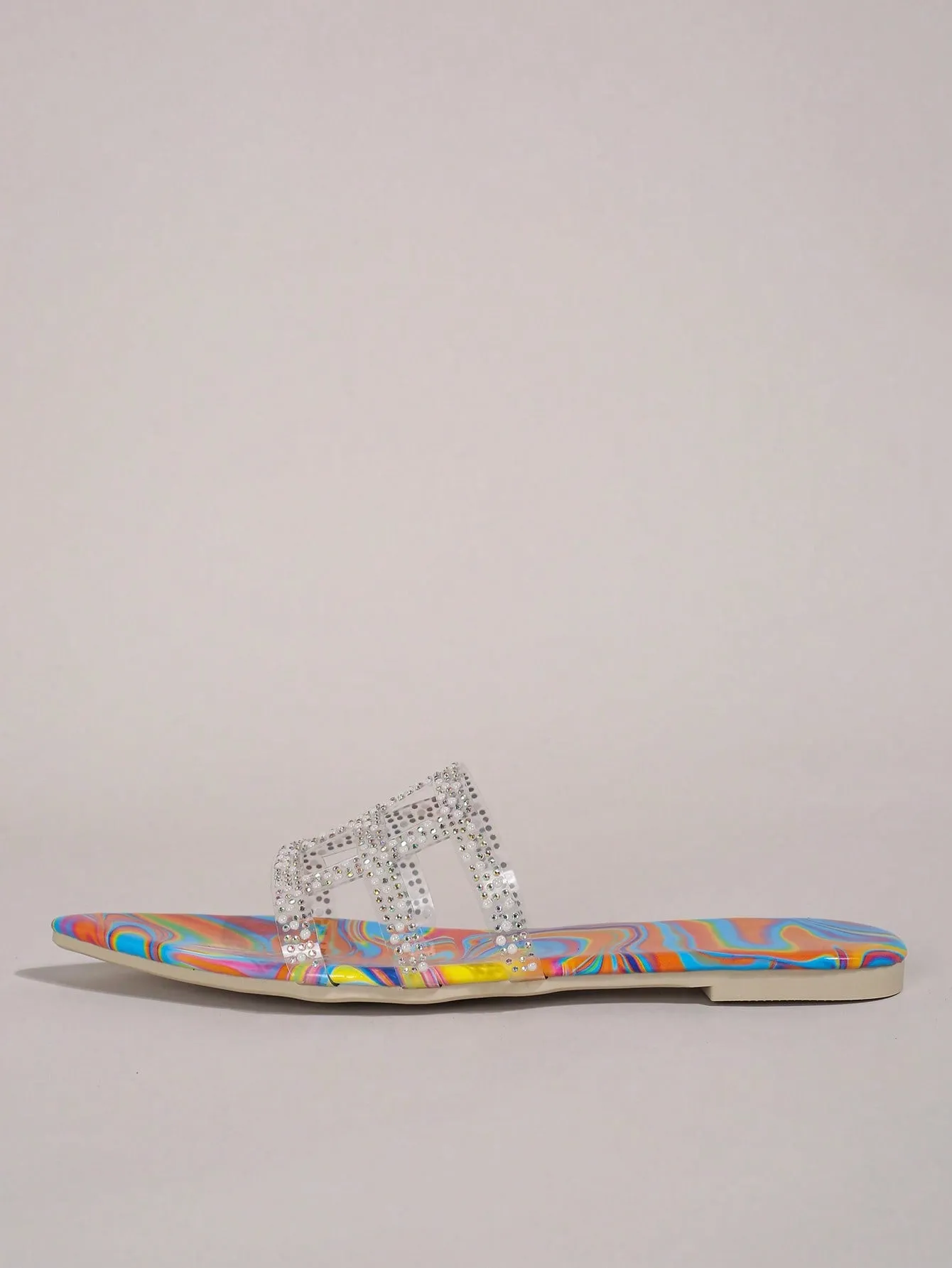 2024 Summer Chic: Colorful Transparent Flat Sandals with Rhinestone Embellishments