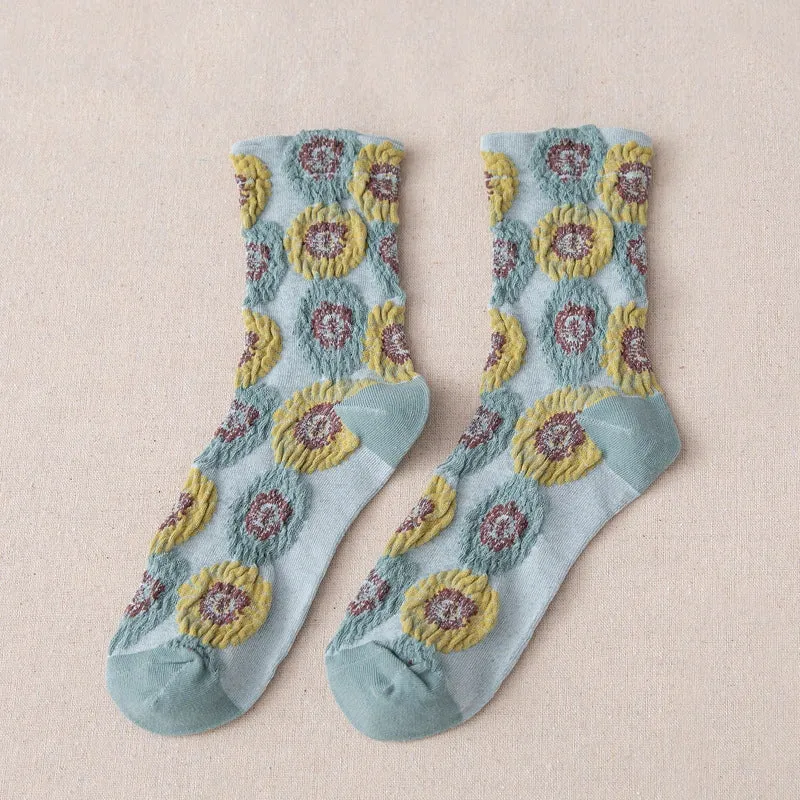 5 Pairs Colorful Embossed Flower Abstract Socks