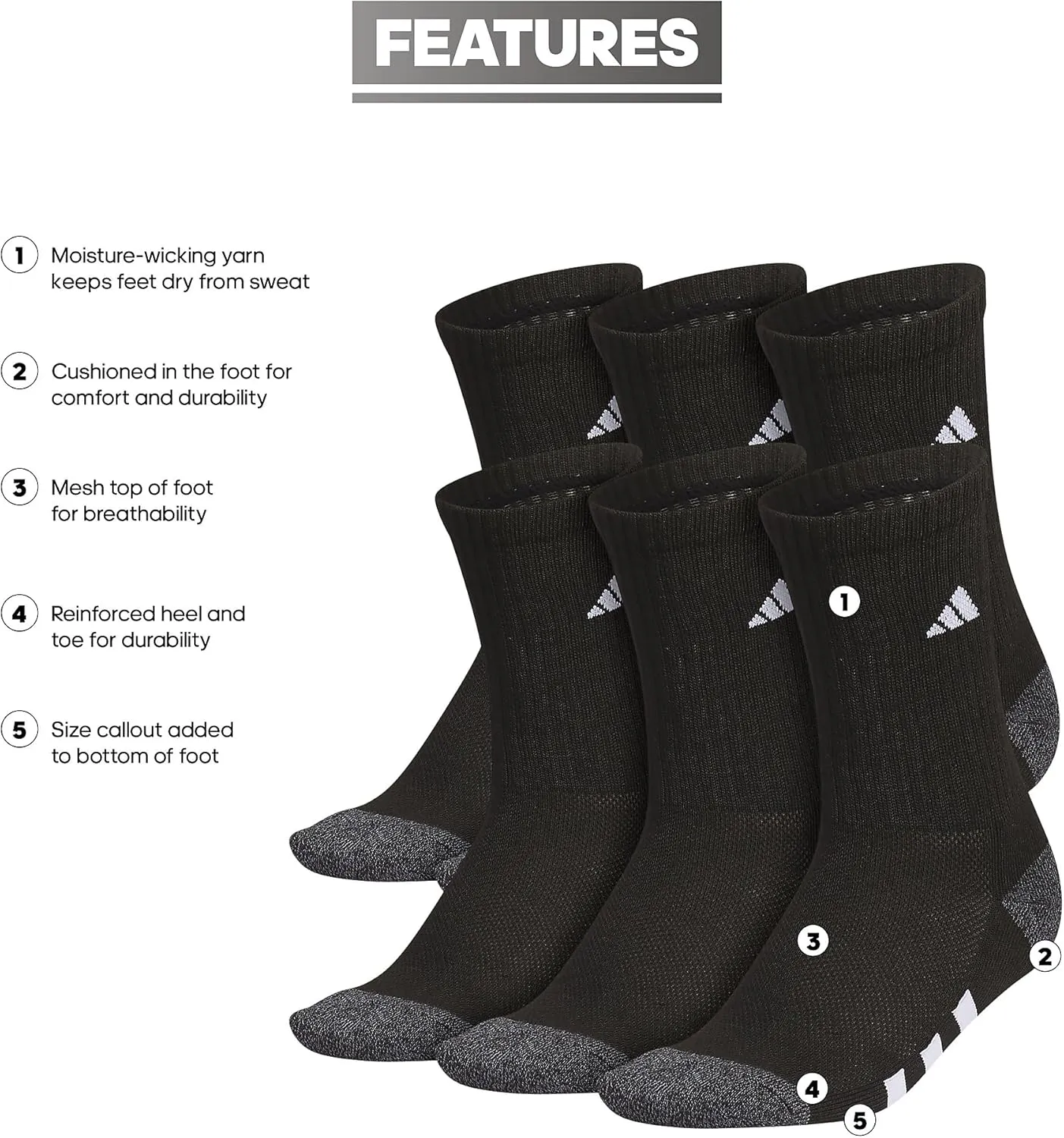 adidas Unisex Youth Athletic Cushioned 6-Pack, Crew Socks Kids for Sports, Durable & Breathable