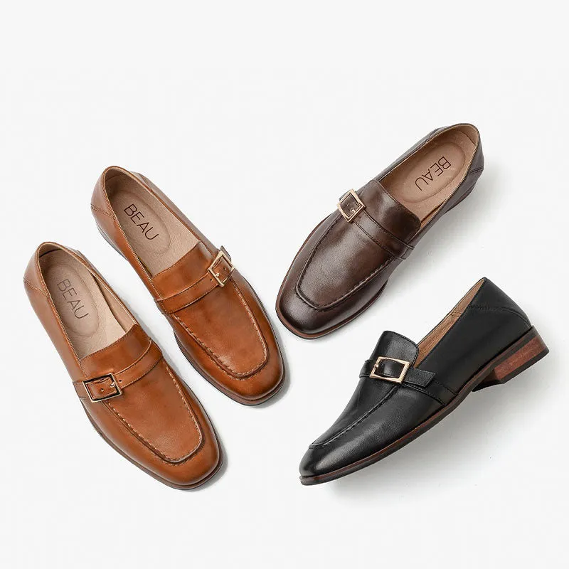 BeauToday Cow Leather Slip-on Loafers with Buckle Decoration for Women