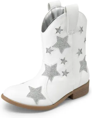 DREAM PAIRS Girls Cowgirl Boots Mid Calf Glitter Cowboy Western Boots Toddler Girls Star Riding Shoes