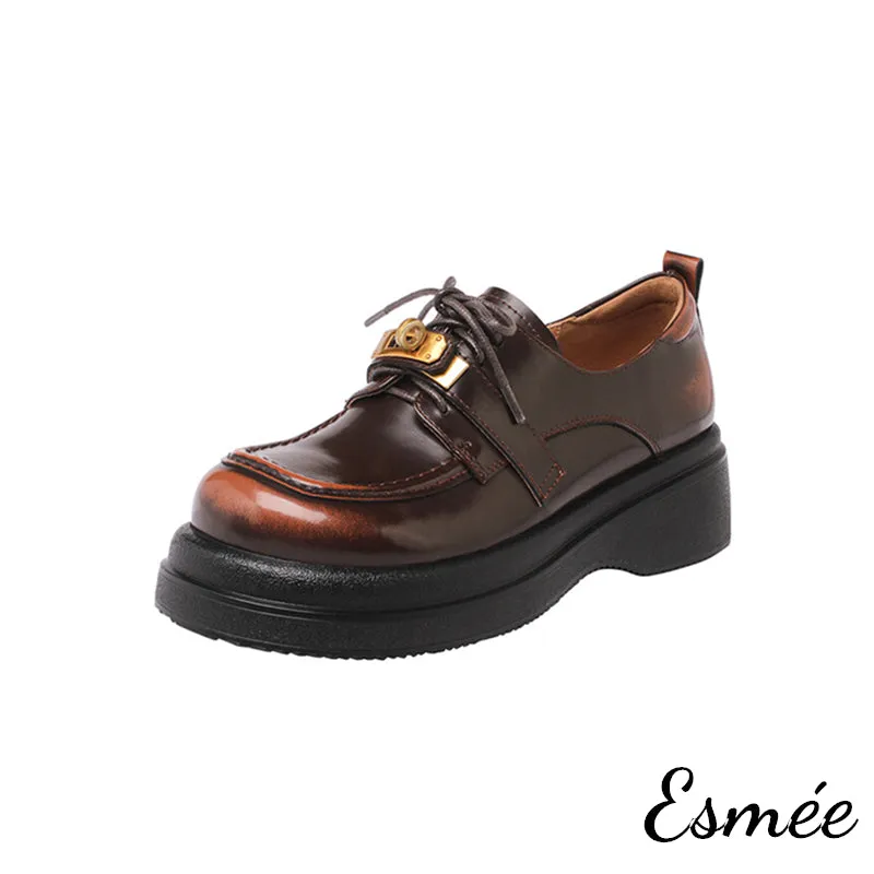 Leather Loafers with Thickened Outsole and Golden Plated Buckle