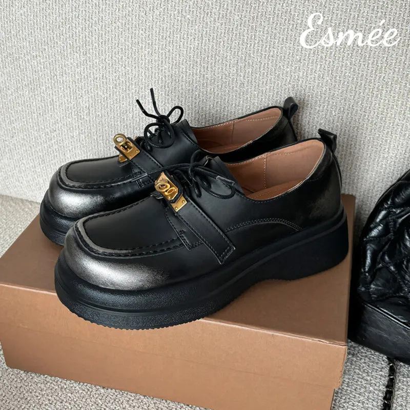 Leather Loafers with Thickened Outsole and Golden Plated Buckle