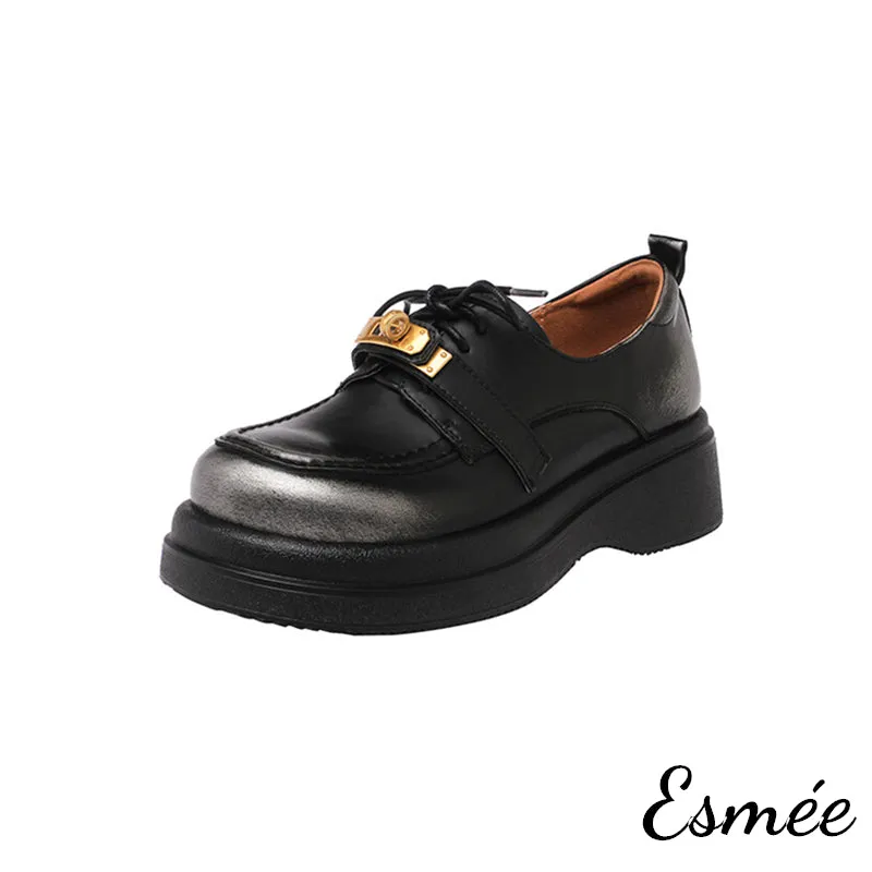 Leather Loafers with Thickened Outsole and Golden Plated Buckle