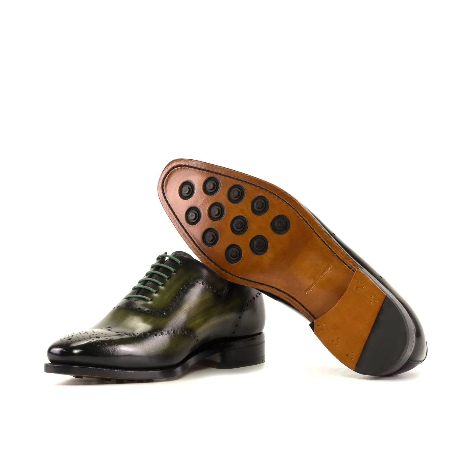 Men's Wholecut Shoes Patina Leather Goodyear Welt Wide Plus Size Brown Green 5444