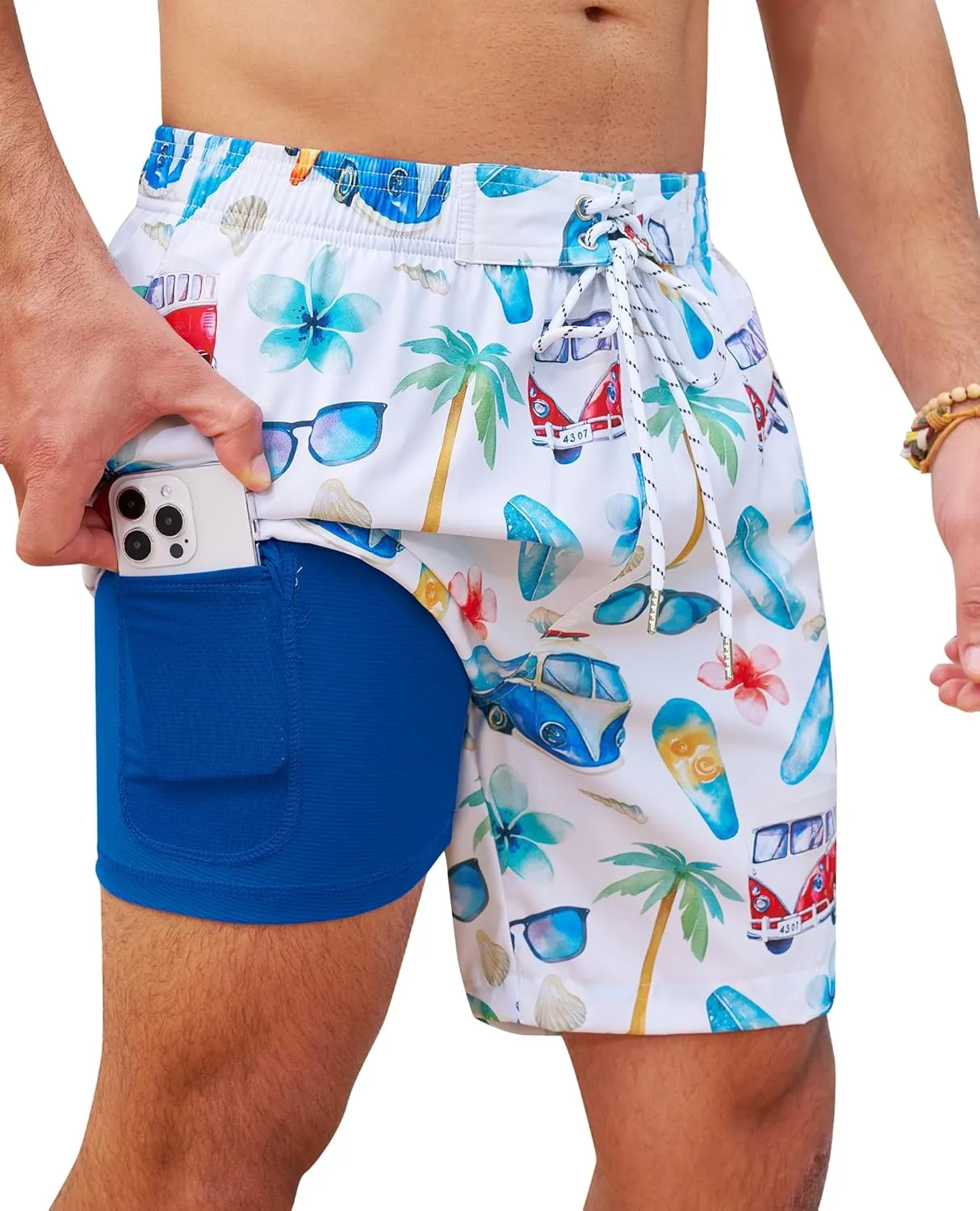 Milin Naco Mens Swim Trunks 7" Compression Liner Quick Dry 2 in 1 Board Shorts with Zip Pockets Bathing Suits for Men