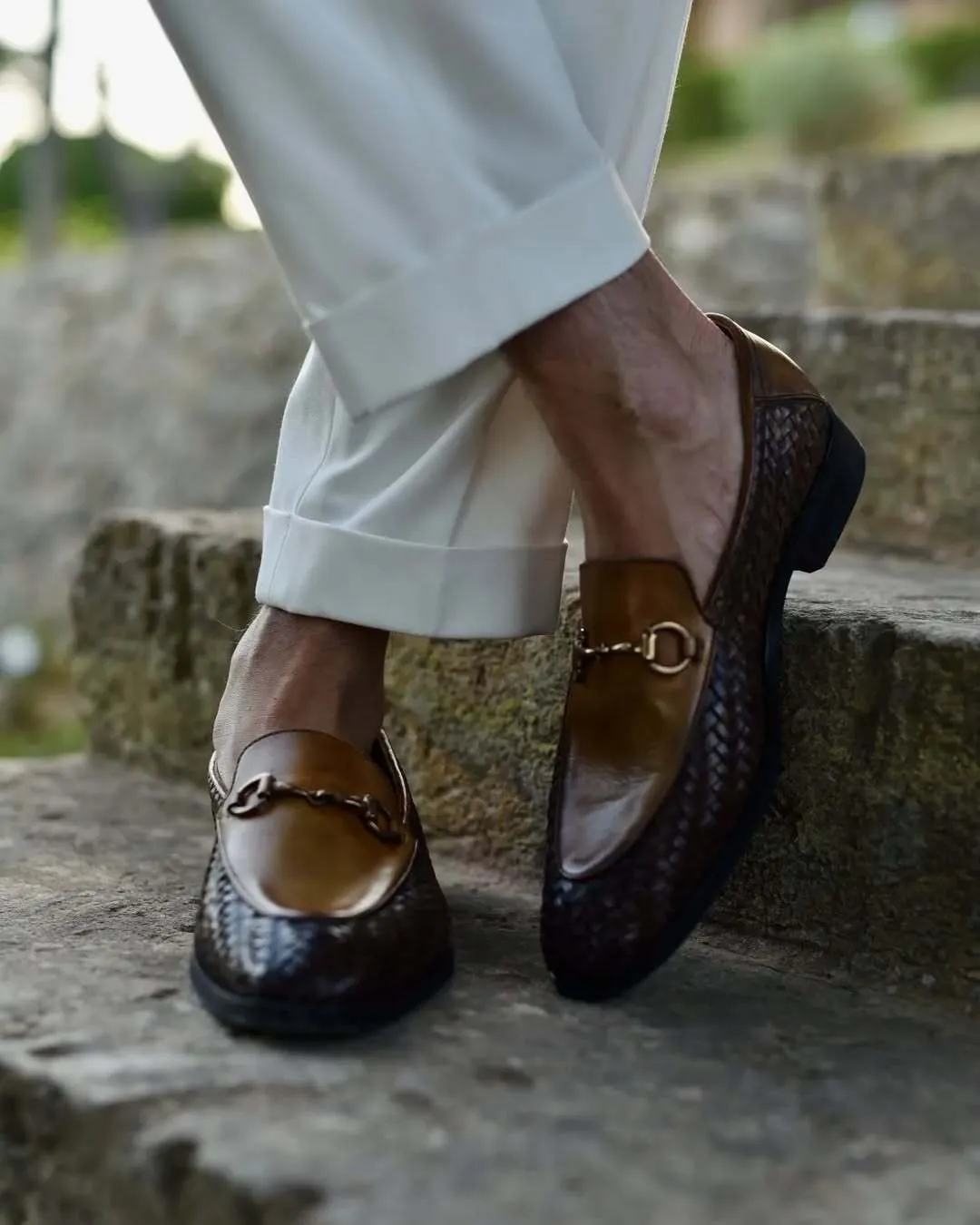 Schalke - Men's Tan Brown Calf and Hand Woven Calf Leather Loafer