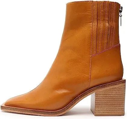 Schutz Heires Golden Ochre Back Zipper Pointed Toe Block Heel Ankle Boots
