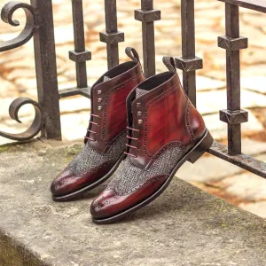 Women's Military Brogue Boots Patina Leather Grey Burgundy 3062